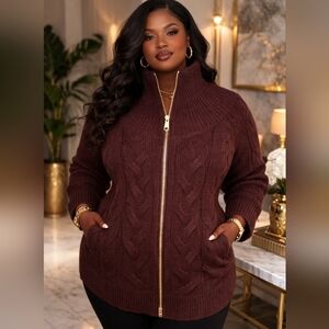 Talbots Rich Burgundy Cable-Knit Zip Cardigan
